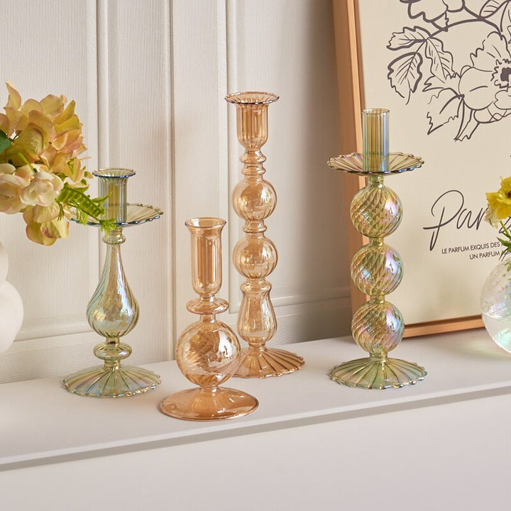 Ribbed Glass Candle Holders - Green | Bowlift
