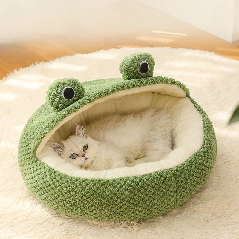 BowLift | Pet Cave FroggiHome | Plush Frog Design | Semi-Closed & Round | 40–50 cm | For Cats & Small Dogs