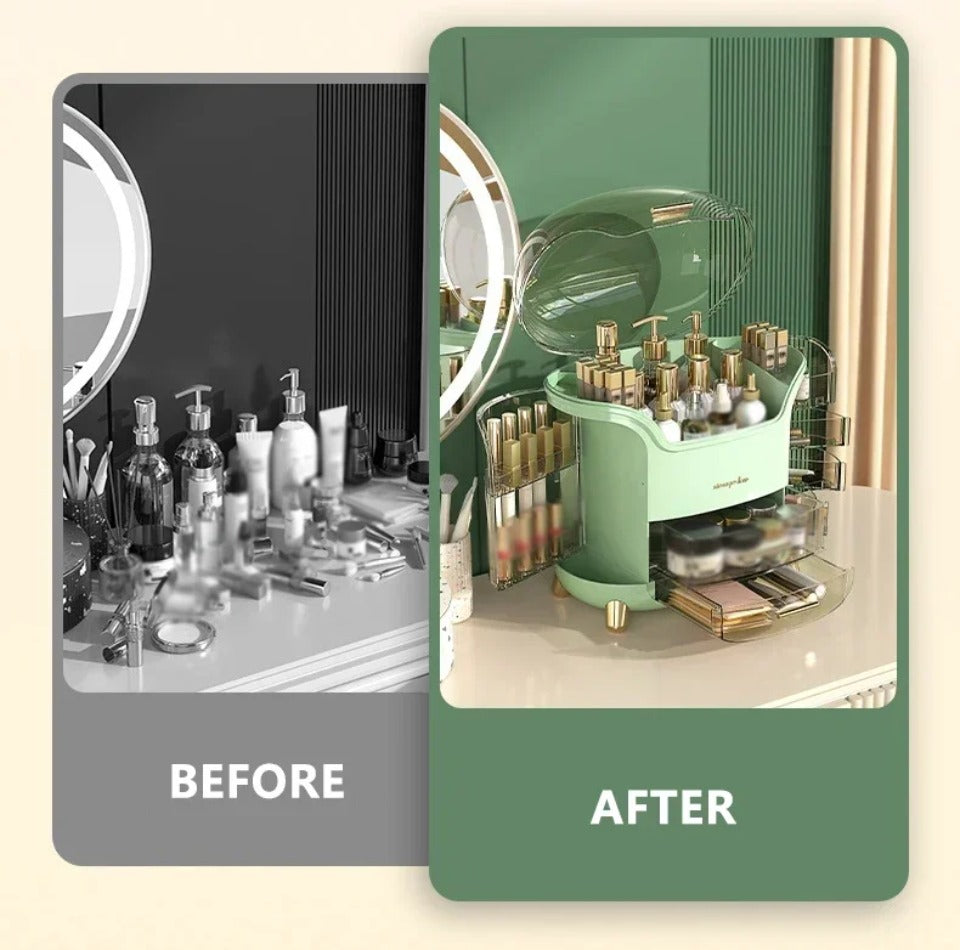 Luxury transparent makeup organizer with rotating doors and drawers | Bowlift