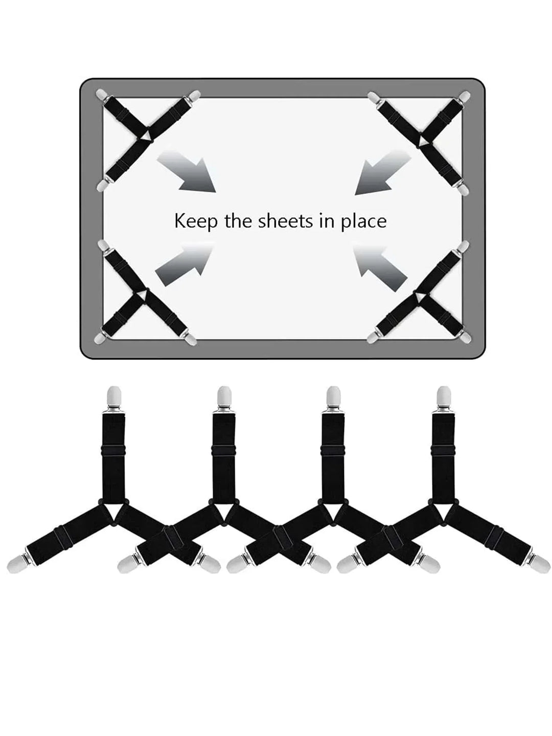 BowLift | GRIPFIX Fitted Sheet Holder Set | 4-Pack Triangular Bed Sheet Straps | Adjustable & Non-slip – For Mattresses, Table Covers & Covers