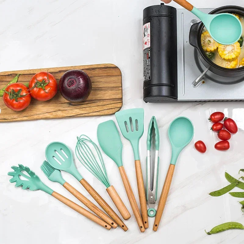 12-piece silicone cooking utensils set with wooden handles | Bowlift