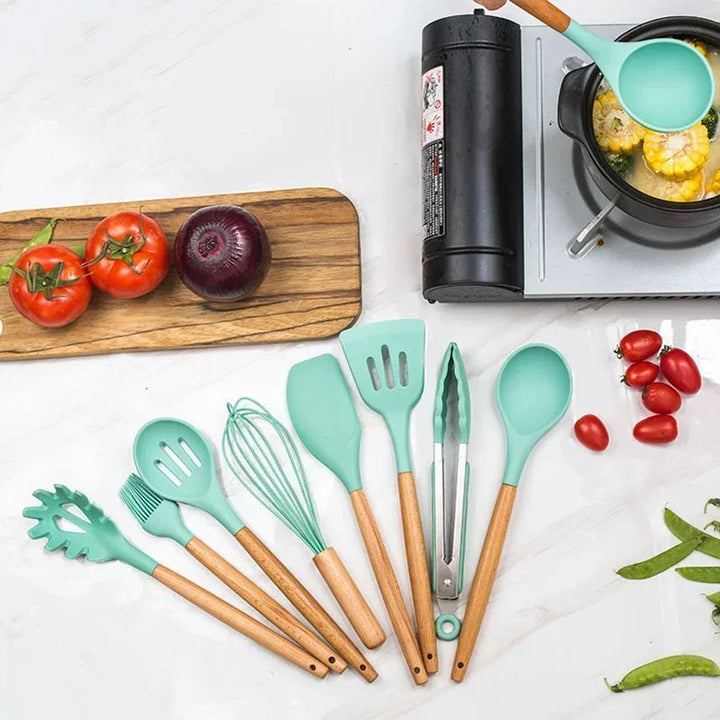 12-piece silicone cooking utensils set with wooden handles | Bowlift