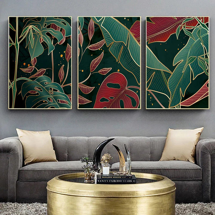 Modern Abstract Tropical Botany Wall Art Fine Art Canvas Prints Red Green Palm Leaves Posters Pictures For Living Room Hotel Room Decor | Bowlift