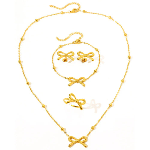BowLift | Feminine Bow Satellite Chain Necklace, Bracelet, Earrings, and Ring Set