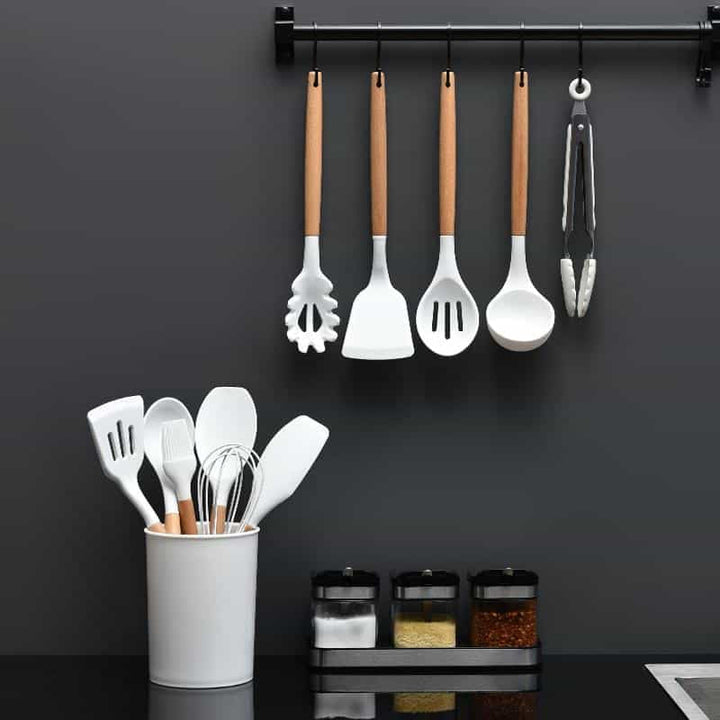 Kitchen set with 11 pieces in wood / silicone including holder (black or white) | Bowlift