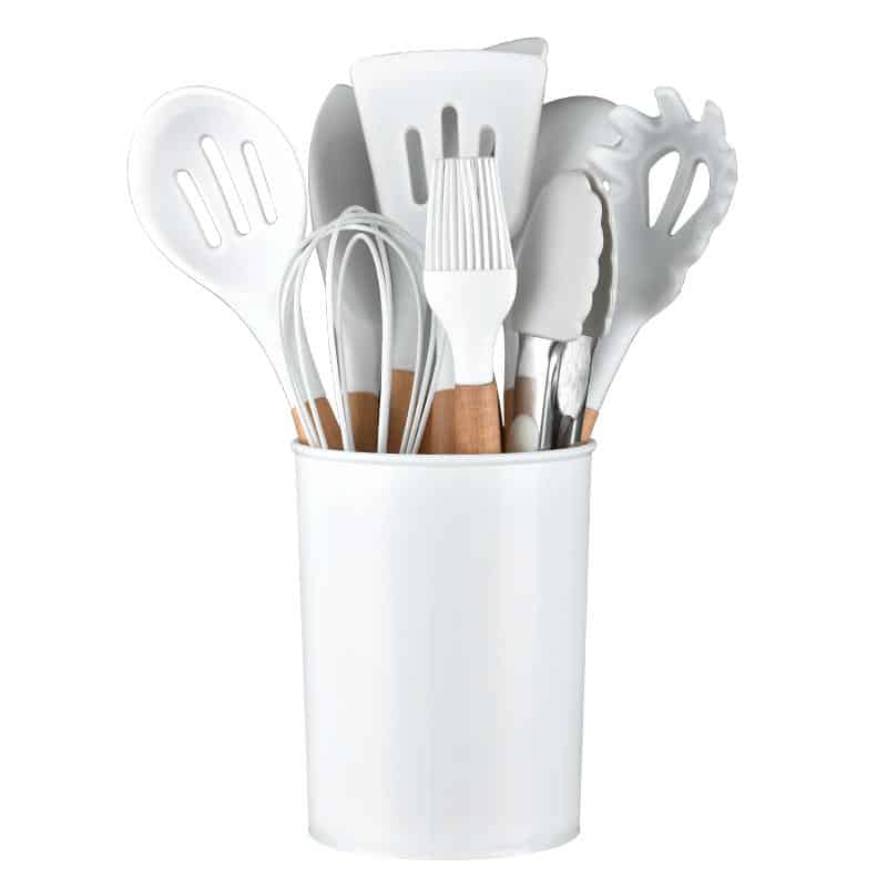 Kitchen set with 11 pieces in wood / silicone including holder (black or white) | Bowlift