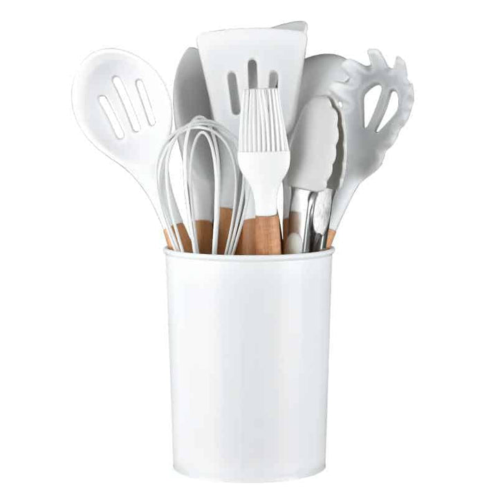 Kitchen set with 11 pieces in wood / silicone including holder (black or white) | Bowlift