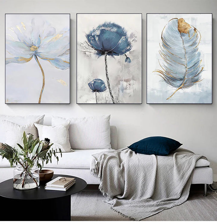 Simple Blue Floral Wall Art Fine Art Canvas Prints Modern Abstract Botanical Pictures For Living Room Bedroom Contemporary Home Decor | Bowlift