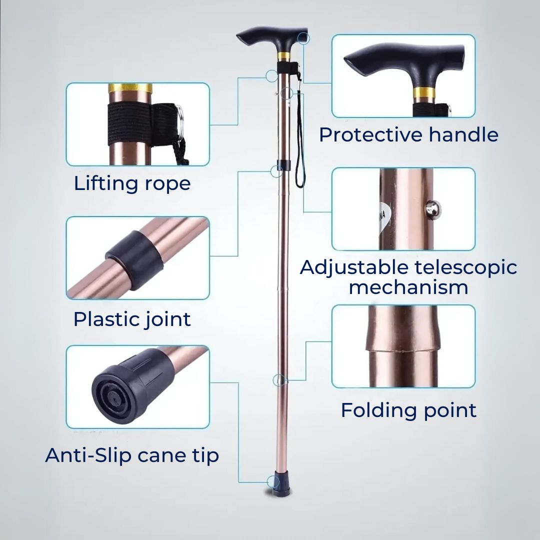 StrideAid Folding Telescopic Walking Stick | Adjustable Cane - Ergonomic Handle - Non-Slip Tip for Mobility Support Bowlift