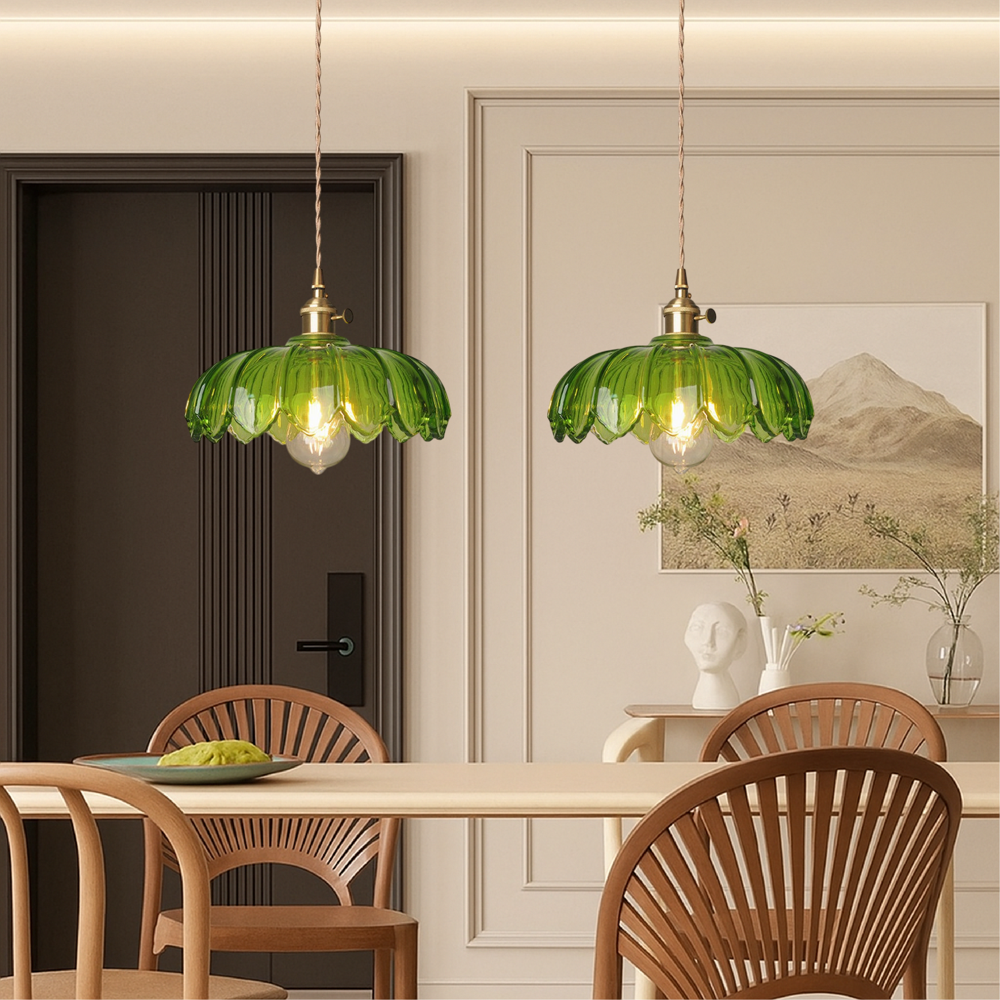 BowLift | Glass Hanging Lamp with Flowers for Dining Room and Bar, Adjustable Height, Warm LED Light, Modern Accent