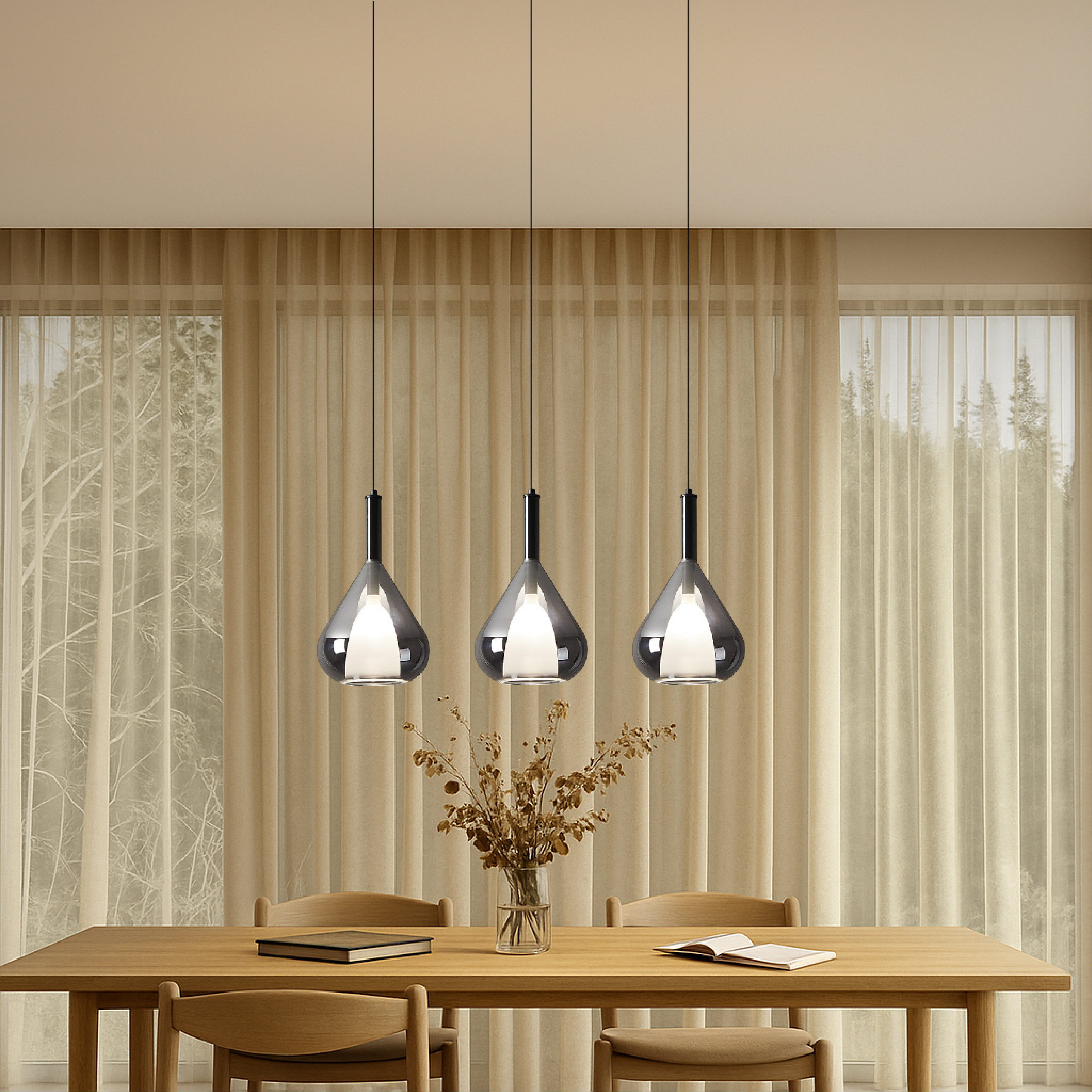 BowLift | Glass Pendant Lamp with Height Adjustment – Minimalist Lamp for Living Room and Above Table, Warm LED Light