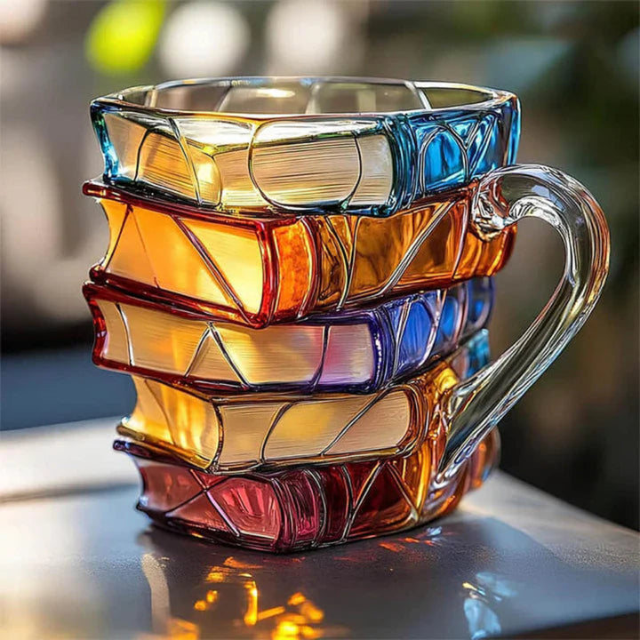BowLift | Glass Coffee Mug 350 ml with Three-Dimensional Book Pattern – Handcrafted, High-Quality Glass