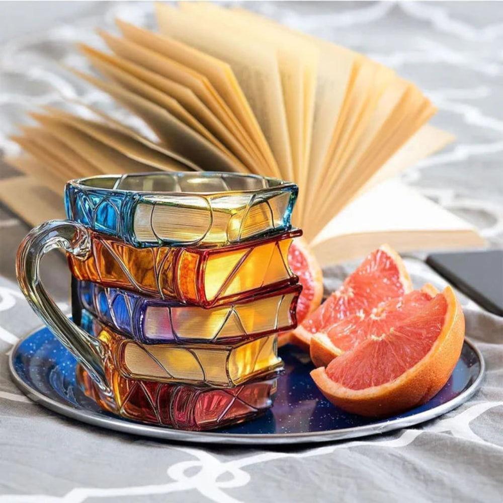 BowLift | Glass Coffee Mug 350 ml with Three-Dimensional Book Pattern – Handcrafted, High-Quality Glass