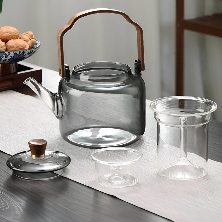 Glass Teapot with Wooden Lid and Strainer – Elegant Design | 1.2 L Smoke Glass for Stylish Tea Enjoyment | Bowlift