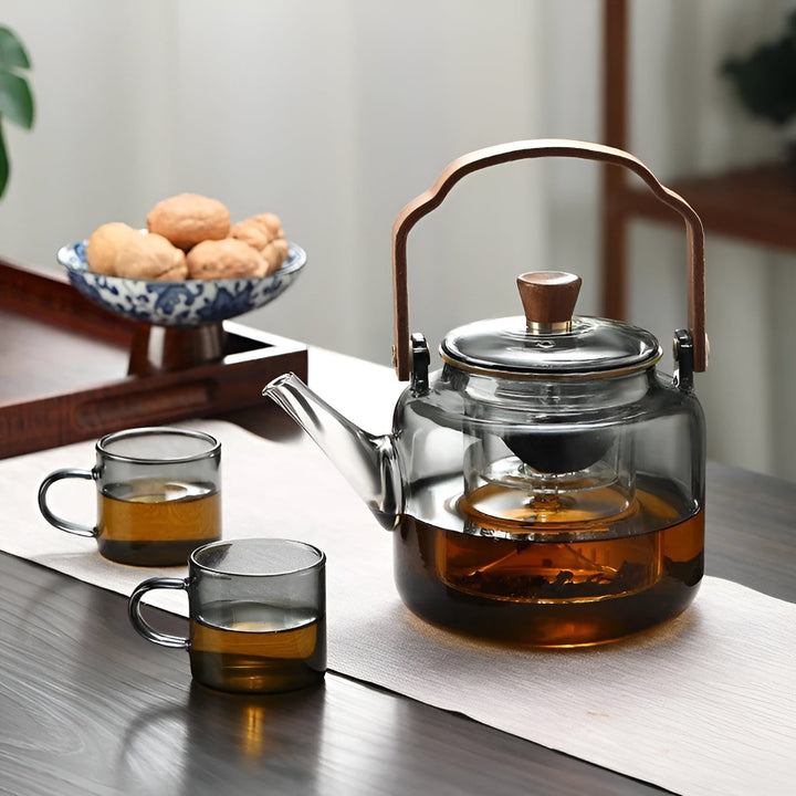 Glass Teapot with Wooden Lid and Strainer – Elegant Design | 1.2 L Smoke Glass for Stylish Tea Enjoyment | Bowlift