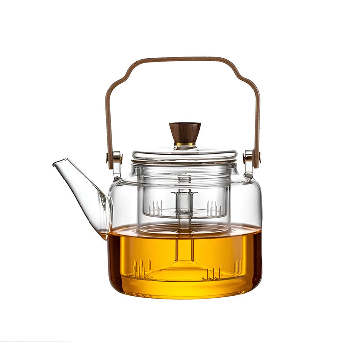 Glass Teapot with Wooden Lid and Strainer – Elegant Design | 1.2 L Smoke Glass for Stylish Tea Enjoyment | Bowlift
