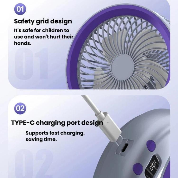 Foldable Air Circulator Fan With Battery Indicator Household Desktop & Wall-Mounted Fan With LED Light(Grey Purple) | Bowlift