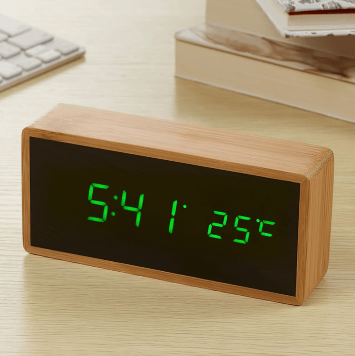 BowLift | LED Bamboo Alarm Clock with Temperature Display & USB/Battery Operation