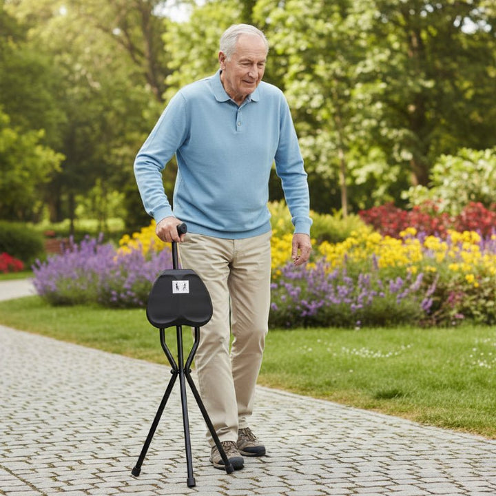 BowLift | Foldable Walking Stick with Integrated Seat | Lightweight Aluminum Alloy Mobility Aid | 113kg Load Capacity | Non-Slip TPR Ergonomic Handle | 3-Leg Tripod Stability