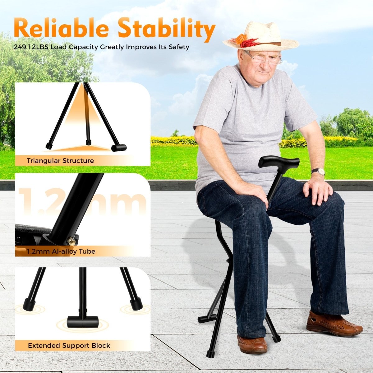 BowLift | Foldable walking stick with integrated seat for comfort on the go