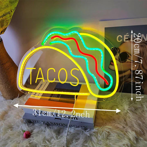 Neon Fast Food Sign – Bright Tacos Design, LED Night Light for Restaurants and Kitchens | Bowlift