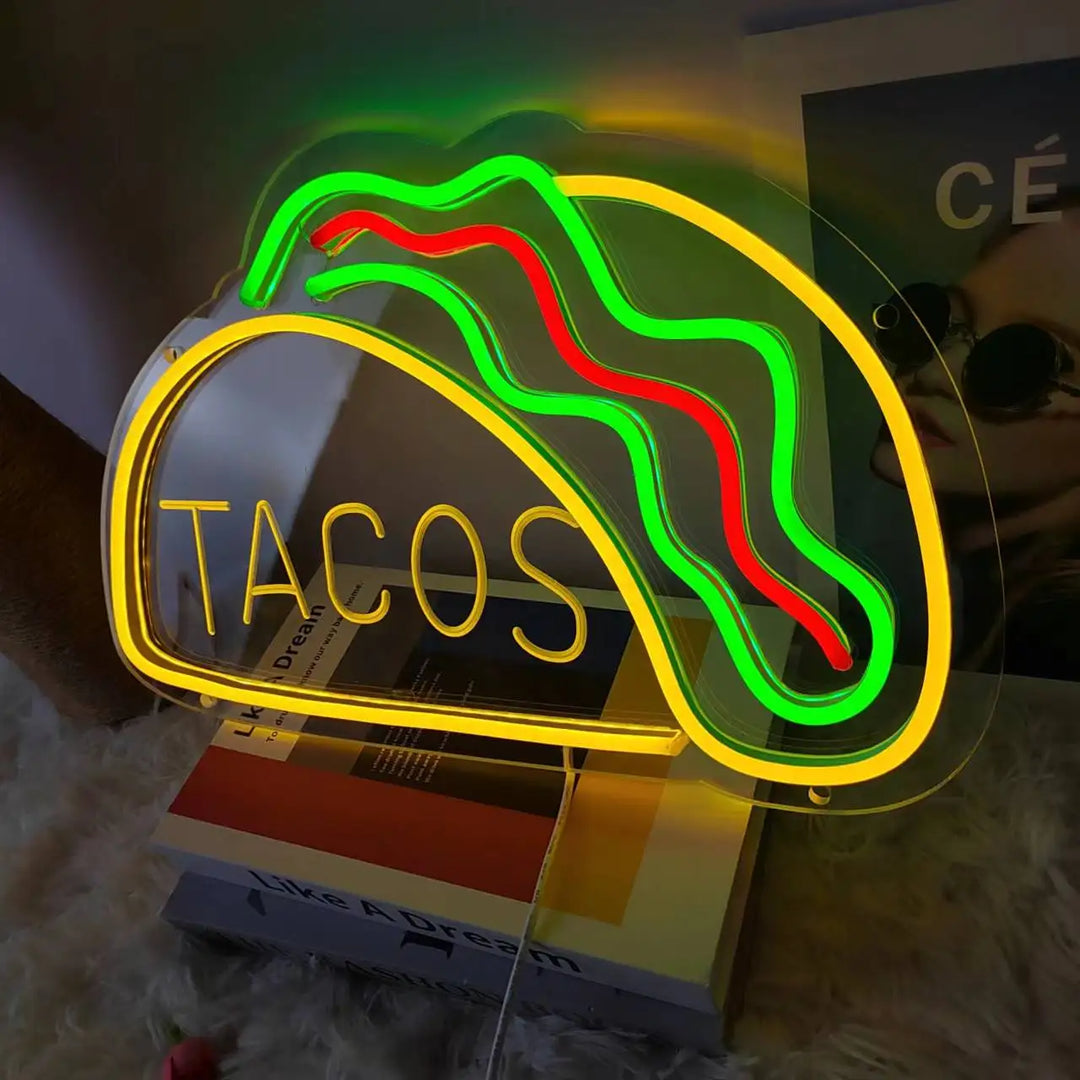 Neon Fast Food Sign – Bright Tacos Design, LED Night Light for Restaurants and Kitchens | Bowlift