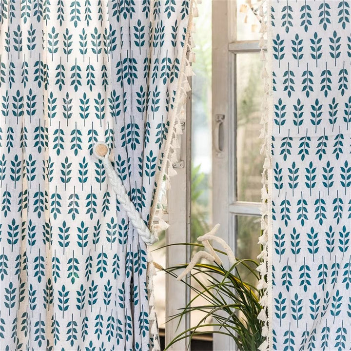 BowLift | Teal Blue Leaves Semi Sheer Curtains