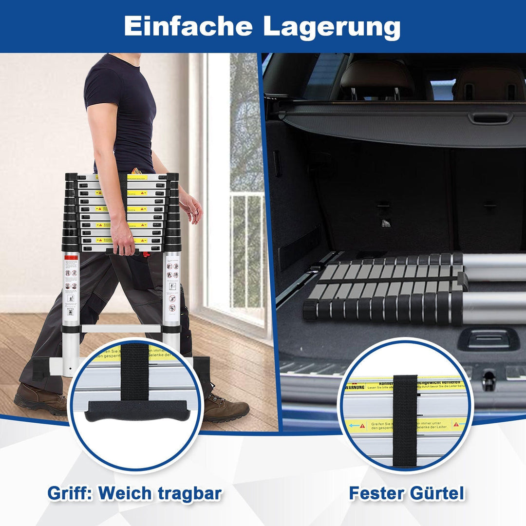 Telescopic ladder Aluminium Load capacity up to 150kg 2.6m-5m with stabilizer | Bowlift