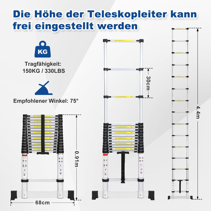 Telescopic ladder Aluminium Load capacity up to 150kg 2.6m-5m with stabilizer | Bowlift