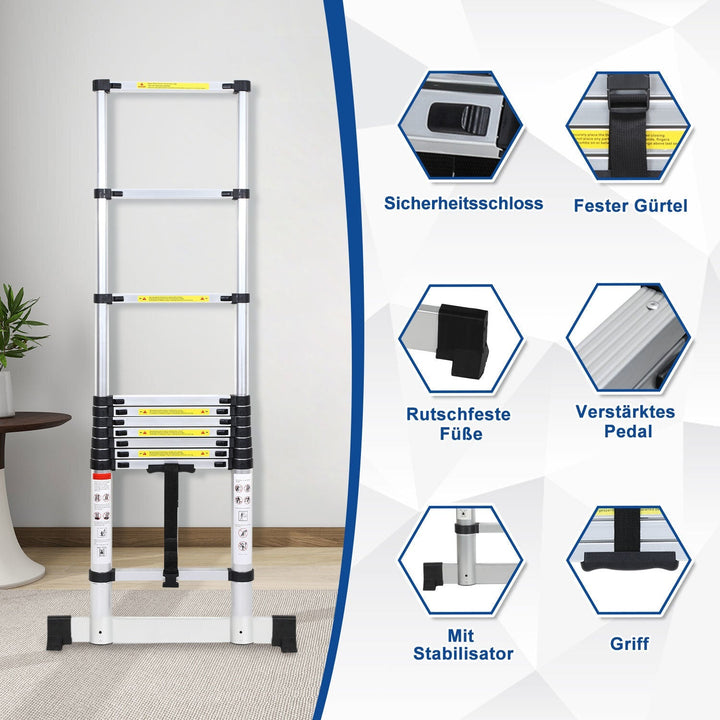 Telescopic ladder Aluminium Load capacity up to 150kg 2.6m-5m with stabilizer | Bowlift