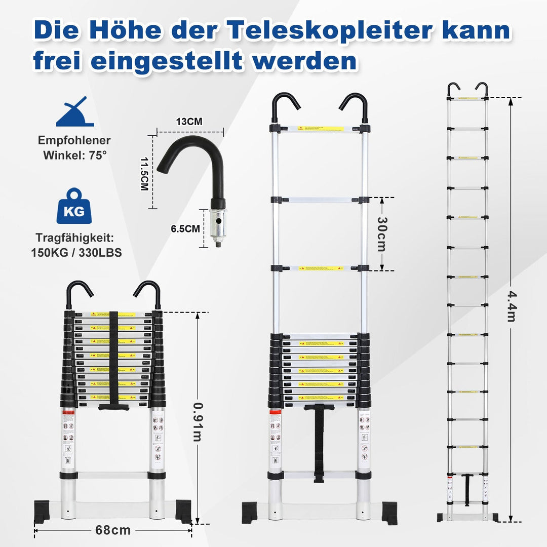 Telescopic ladder with 2 removable hooks with stabilizer | Bowlift