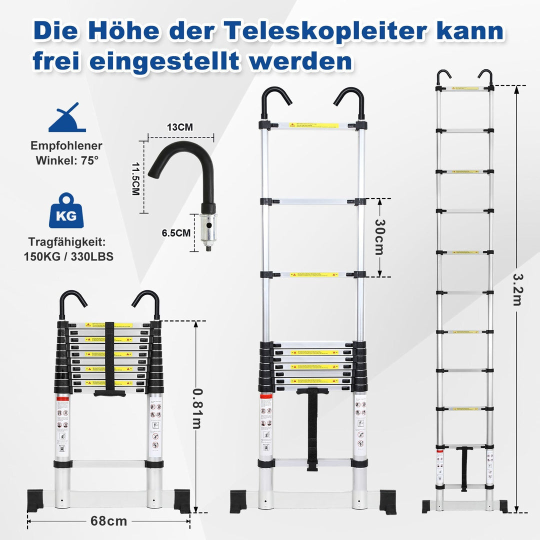 Telescopic ladder with 2 removable hooks with stabilizer | Bowlift