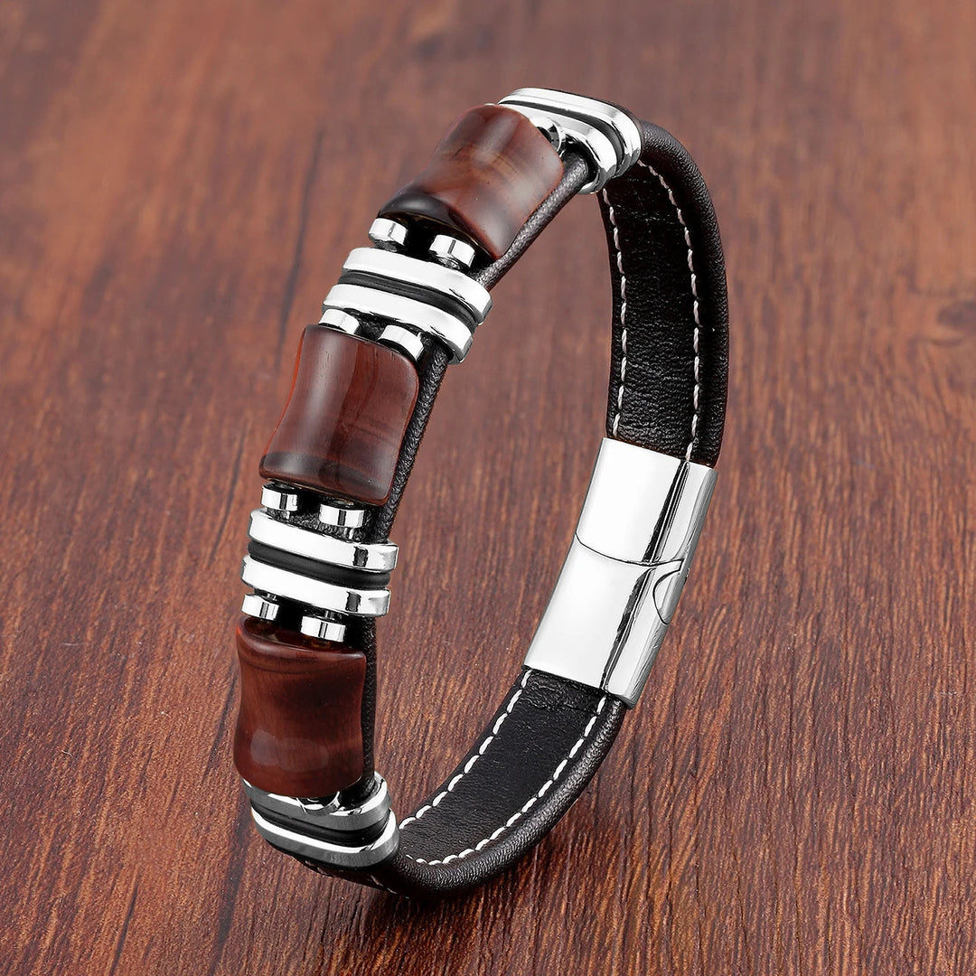 BowLift | Tiger Power Leather Bracelet – Natural Stone Jewelry with Tiger Eye and Stainless Steel Accents