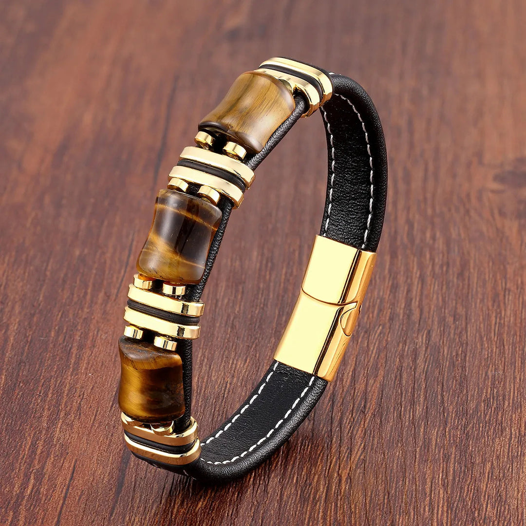 BowLift | Tiger Power Leather Bracelet – Natural Stone Jewelry with Tiger Eye and Stainless Steel Accents