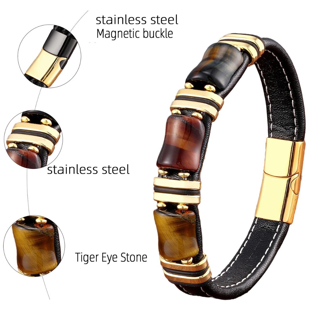 BowLift | Tiger Power Leather Bracelet – Natural Stone Jewelry with Tiger Eye and Stainless Steel Accents