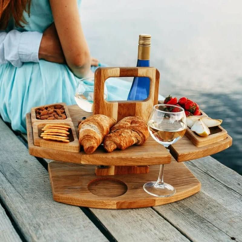 BowLift | Foldable wooden table with glass holders & snack compartments for garden, beach & outdoor use