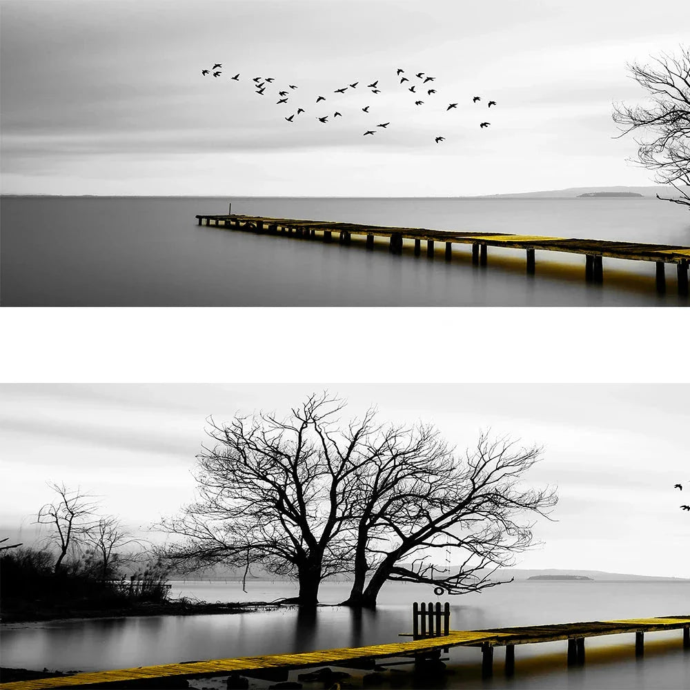 Tranquil Lake Pier Wide Format Landscape Wall Art Fine Canvas Prints Black White Pictures Of Calm For Above The Sofa Picture For Above The Bed | Bowlift