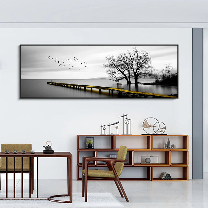 Tranquil Lake Pier Wide Format Landscape Wall Art Fine Canvas Prints Black White Pictures Of Calm For Above The Sofa Picture For Above The Bed | Bowlift