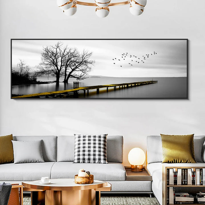 Tranquil Lake Pier Wide Format Landscape Wall Art Fine Canvas Prints Black White Pictures Of Calm For Above The Sofa Picture For Above The Bed | Bowlift