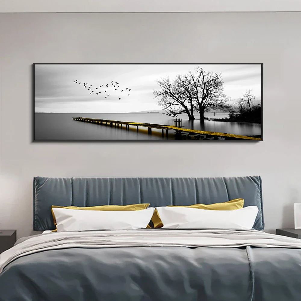 Tranquil Lake Pier Wide Format Landscape Wall Art Fine Canvas Prints Black White Pictures Of Calm For Above The Sofa Picture For Above The Bed | Bowlift