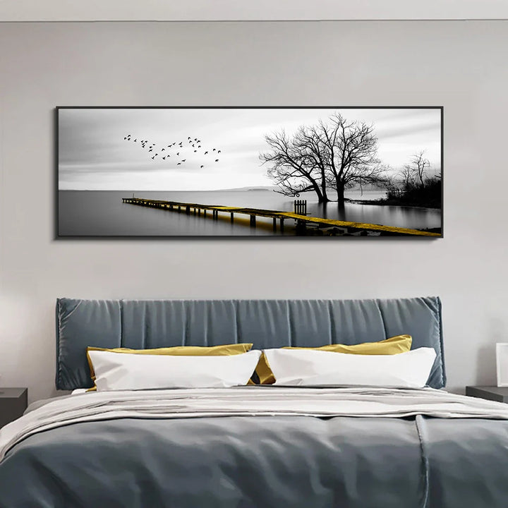 Tranquil Lake Pier Wide Format Landscape Wall Art Fine Canvas Prints Black White Pictures Of Calm For Above The Sofa Picture For Above The Bed | Bowlift