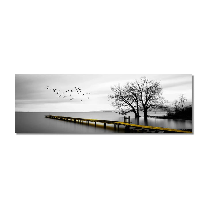 Tranquil Lake Pier Wide Format Landscape Wall Art Fine Canvas Prints Black White Pictures Of Calm For Above The Sofa Picture For Above The Bed | Bowlift