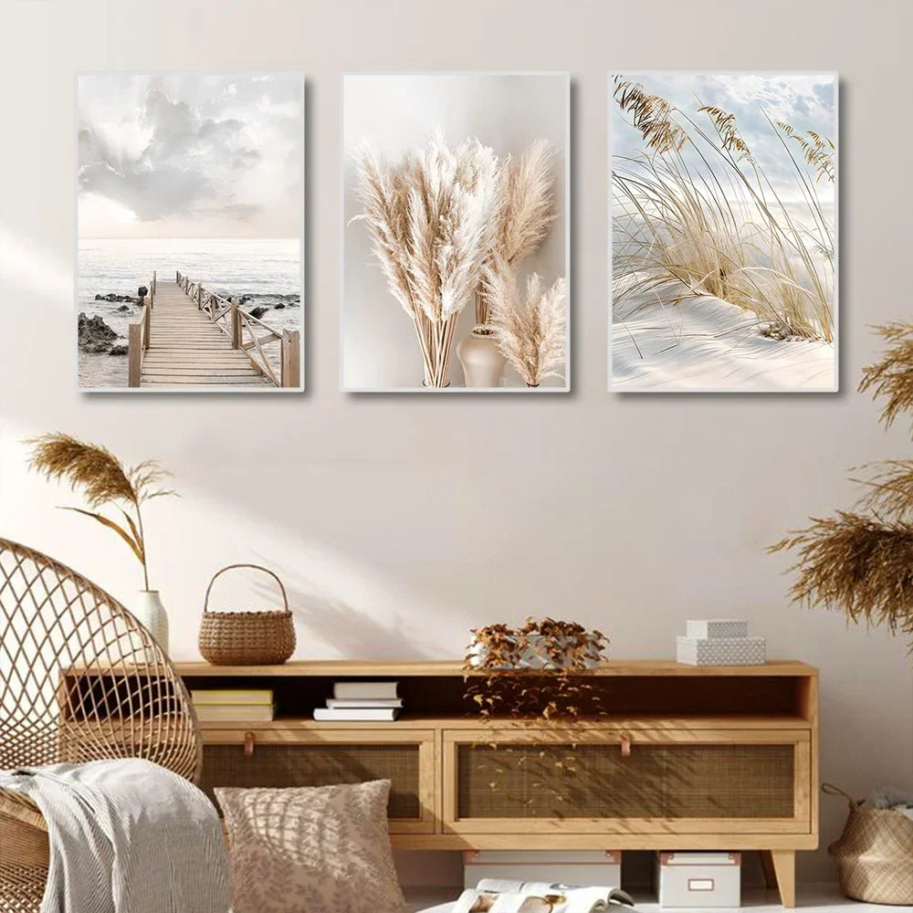 Tranquil Sea Grass Beach Seaside Landscape Wall Art Fine Art Canvas Prints Scandinavian Pictures Of Calm For Inspirational Living Room Decor | Bowlift