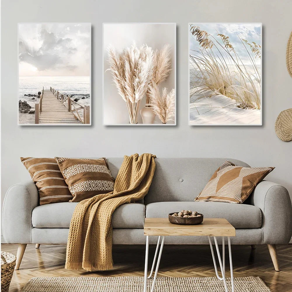 Tranquil Sea Grass Beach Seaside Landscape Wall Art Fine Art Canvas Prints Scandinavian Pictures Of Calm For Inspirational Living Room Decor | Bowlift