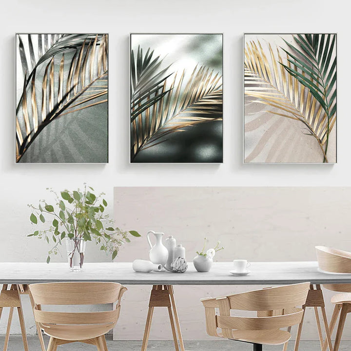 Tropical Green Golden Palm Leaves Wall Art Fine Art Canvas Prints Modern Botany Posters Pictures For Living Room Dining Room Decor | Bowlift