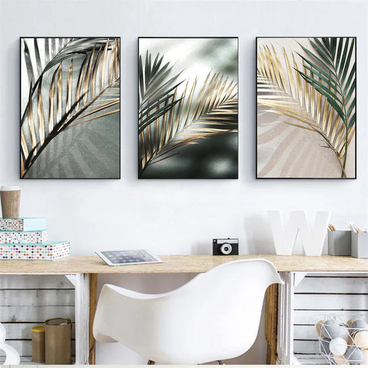 Tropical Green Golden Palm Leaves Wall Art Fine Art Canvas Prints Modern Botany Posters Pictures For Living Room Dining Room Decor | Bowlift