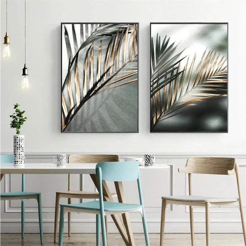 Tropical Green Golden Palm Leaves Wall Art Fine Art Canvas Prints Modern Botany Posters Pictures For Living Room Dining Room Decor | Bowlift
