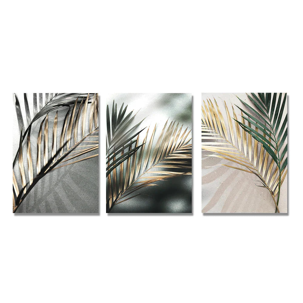 Tropical Green Golden Palm Leaves Wall Art Fine Art Canvas Prints Modern Botany Posters Pictures For Living Room Dining Room Decor | Bowlift
