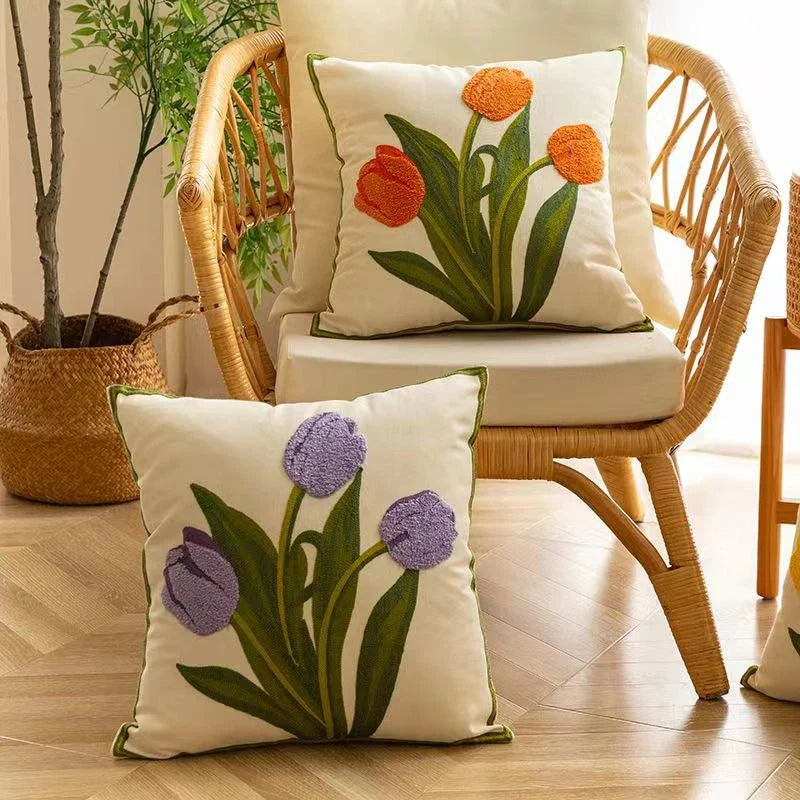 Embroidered tulip cushion cover
