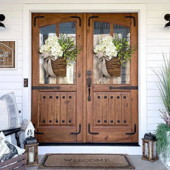 BowLift | Door hanger with cream hydrangeas – rattan basket wreath with artificial flowers